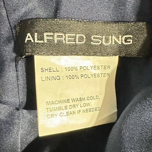 Alfred Sung Maxi Gown Women's 14R Navy Blue Square Neck Satin A-Line Sleeveless - Picture 9 of 11